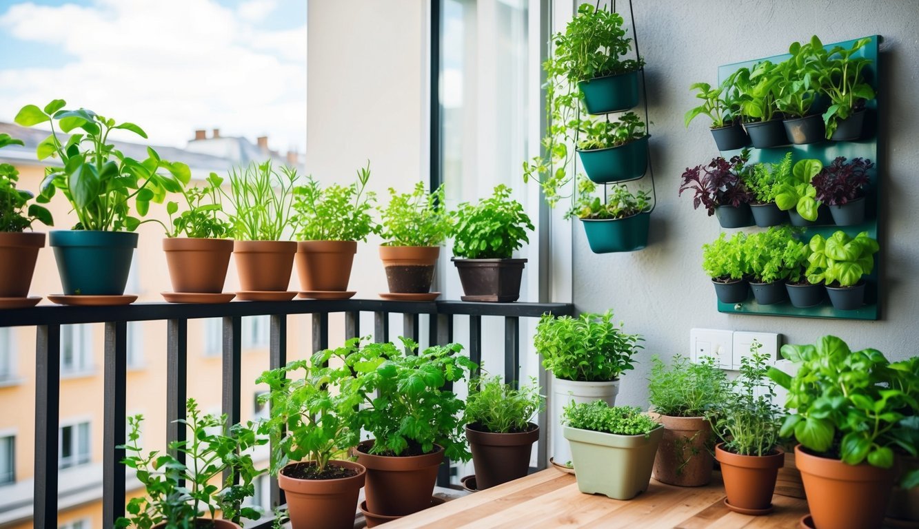 A small urban garden with potted plants on a balcony, a vertical garden on a wall, and a small herb garden on a kitchen counter