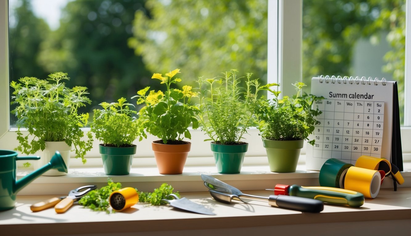 A sunny windowsill with a variety of herbs growing in small pots, surrounded by gardening tools and a calendar to illustrate incorporating gardening into a busy schedule