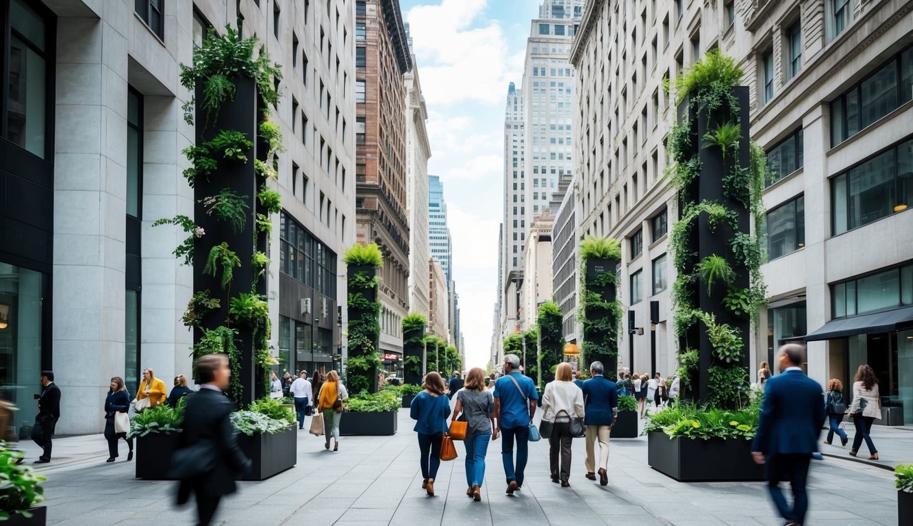 A bustling city street with tall buildings, each adorned with vertical planters filled with lush greenery.</p><p>People walk by, admiring the creative use of space for gardening