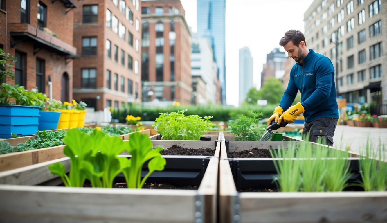 A professional on-the-go setting up collapsible raised garden beds in a small urban space, surrounded by city buildings and using creative gardening techniques
