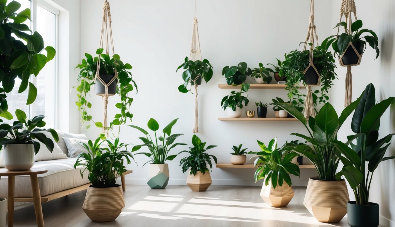 Lush green plants arranged on shelves, hanging from macrame hangers, and placed in geometric pots throughout a modern, sunlit living space