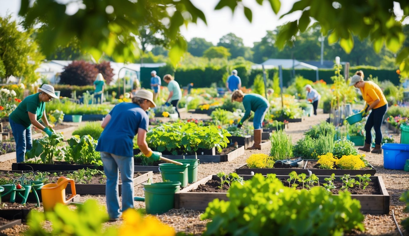 A bustling community garden with diverse plots, people tending to plants, and various gardening tools scattered around