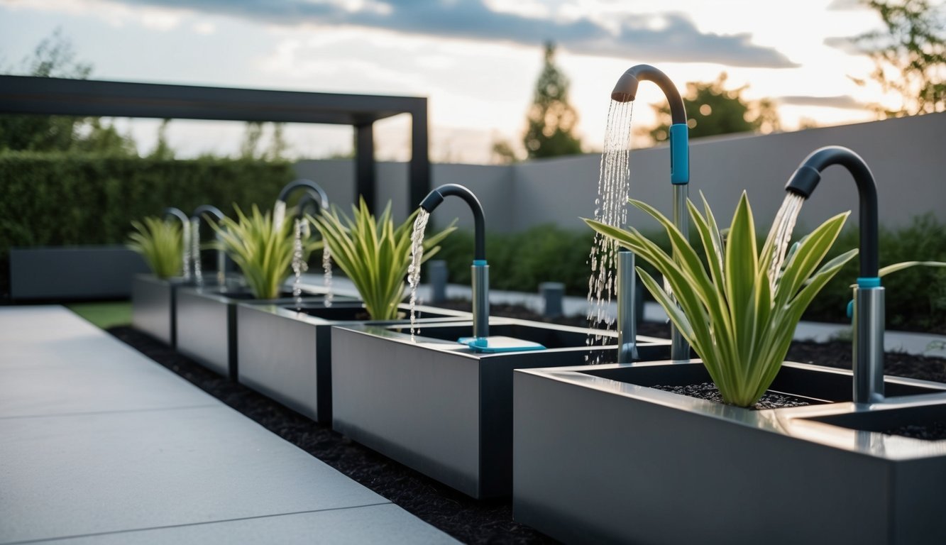 A modern, minimalist garden with automated watering systems and sleek, space-saving planters