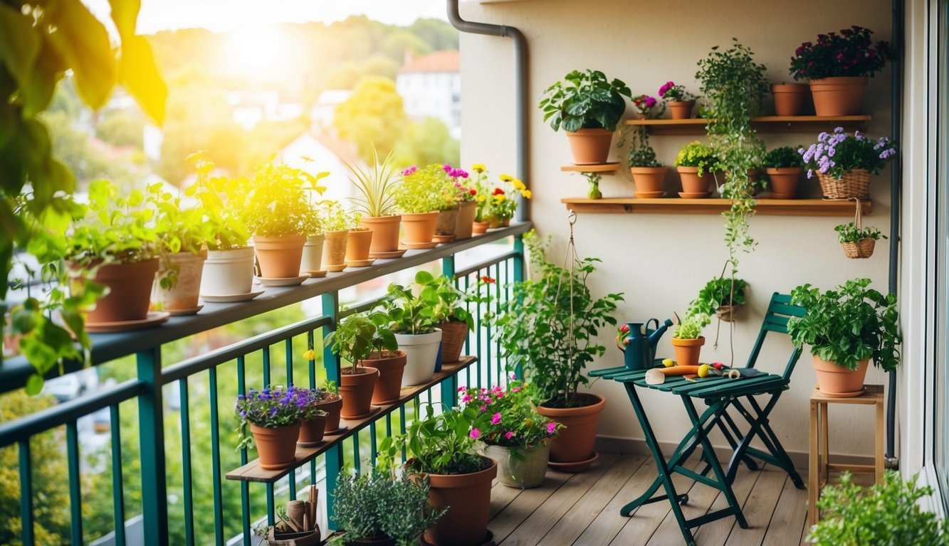 A cozy balcony garden with potted plants arranged on shelves, hanging baskets, and a small table with gardening tools.</p><p>Sunshine streams in through the railing