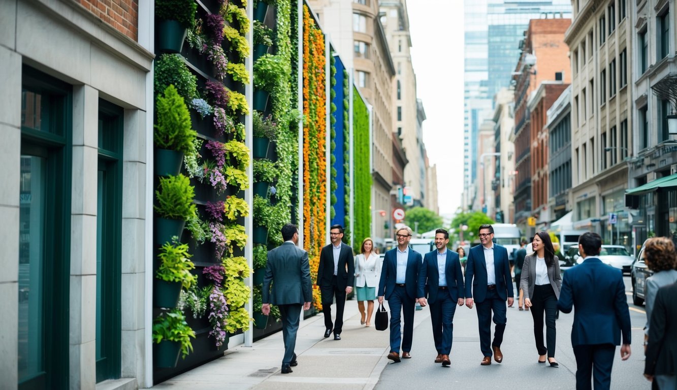 A bustling city street with colorful, vertical garden installations on the sides of buildings and in small, urban spaces.</p><p>Busy professionals walk by, admiring the greenery