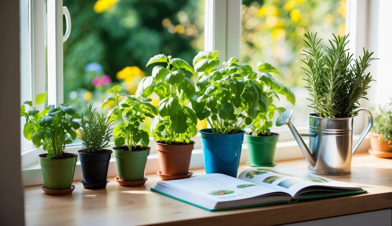Sunlit kitchen windowsill with small pots of basil, cilantro, and rosemary.</p><p>Watering can nearby.</p><p>Cookbook open to quick meal recipes