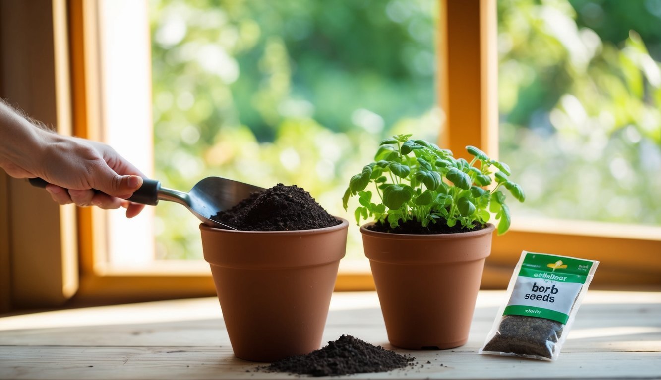 A hand trowel scoops soil into a terracotta pot, while a packet of herb seeds sits nearby.</p><p>Sunlight streams through a nearby window, casting a warm glow on the scene