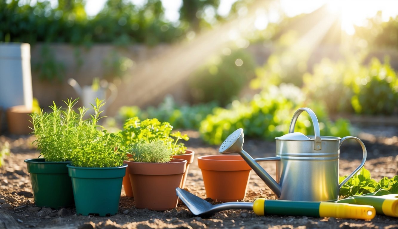 Sunlight streams onto a small garden plot with pots of herbs, a watering can, and gardening tools nearby