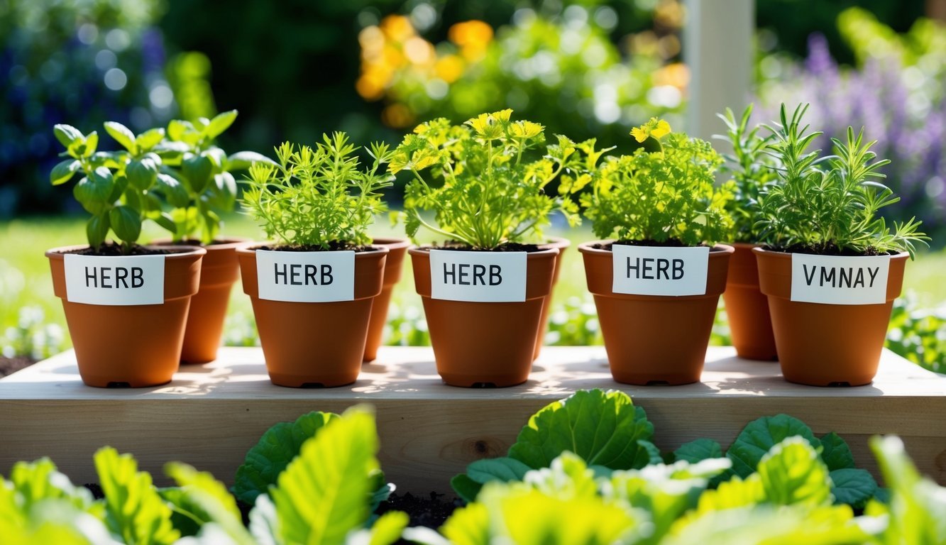 A sunny garden with seven small herb pots arranged in a row, each labeled with a different herb name, surrounded by fresh, green foliage