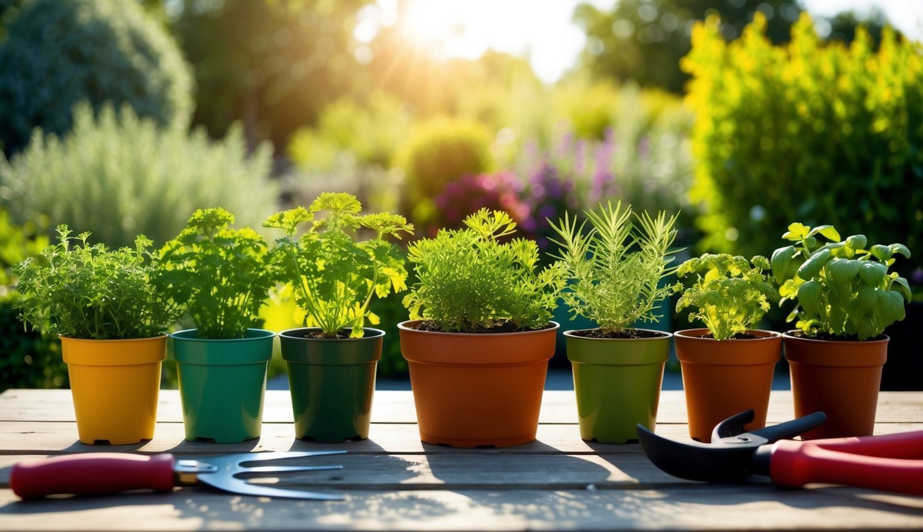 A sunny garden with seven different herb plants in individual pots, arranged neatly on a wooden table with gardening tools nearby