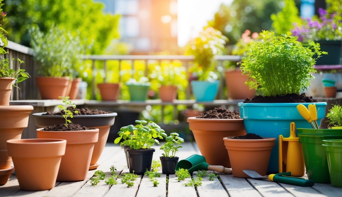 A sunny patio with pots of various sizes and shapes filled with soil, surrounded by small herb seedlings and gardening tools