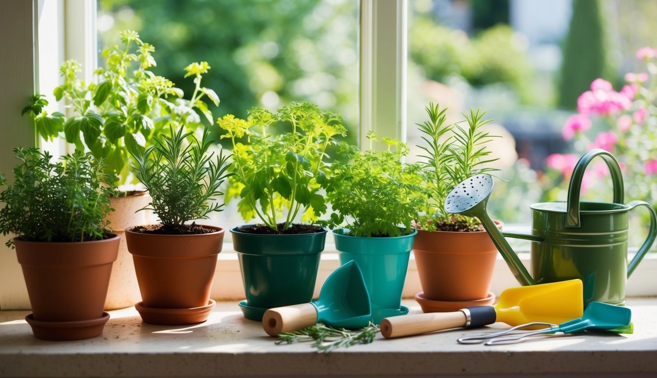 A small garden with pots of various herbs, placed on a sunny windowsill.</p><p>Watering can and gardening tools nearby