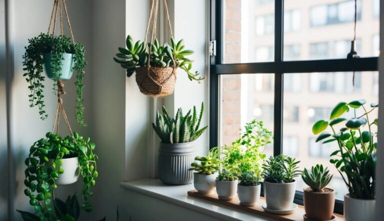 Various potted plants on a windowsill and hanging near a window