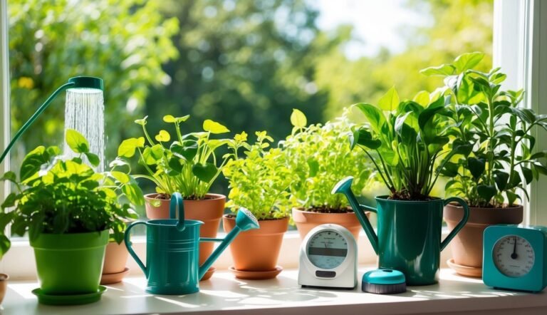 Potted plants on a windowsill with watering cans and a thermometer