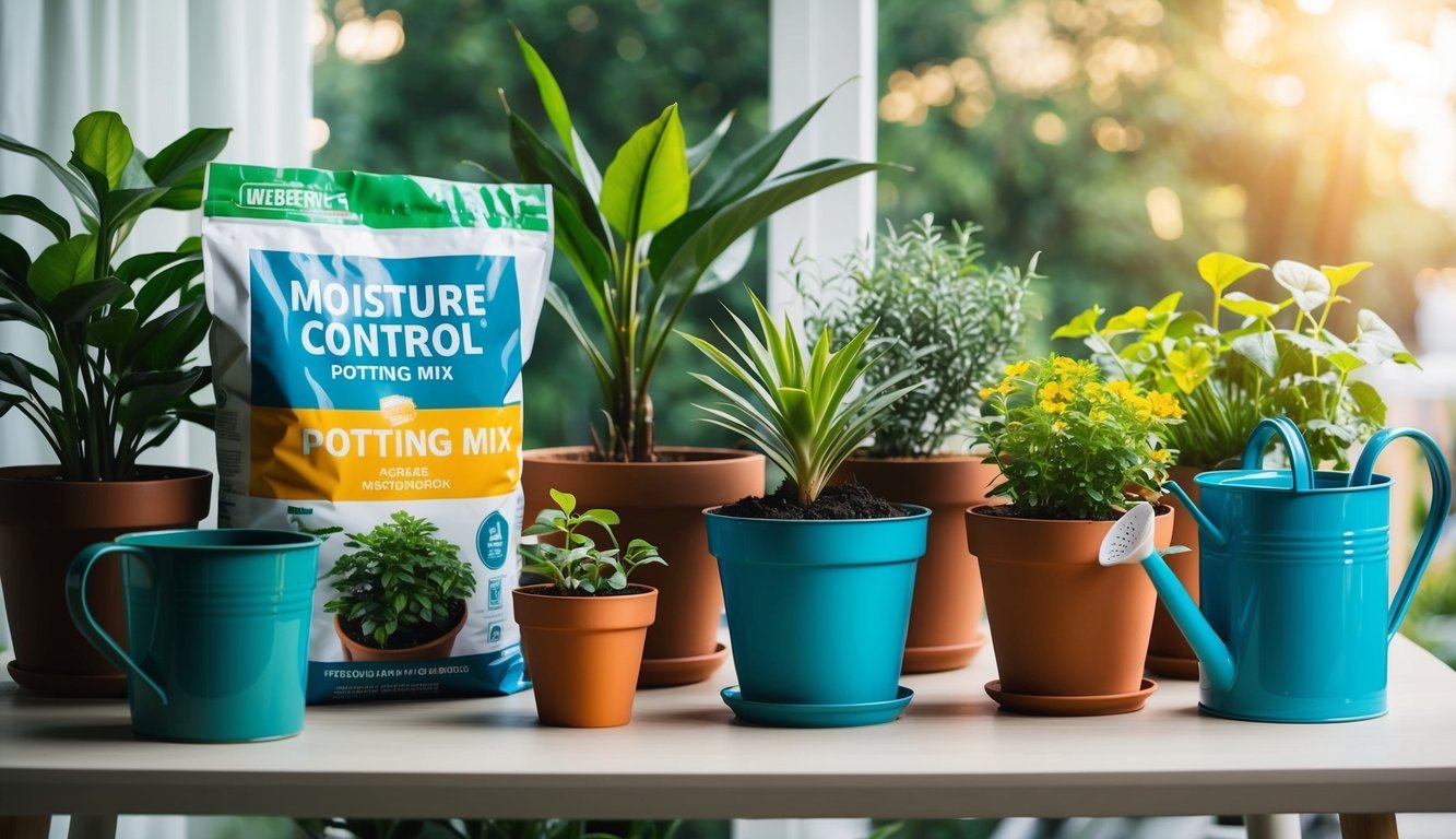 A variety of potted plants arranged on a table, with a bag of moisture control potting mix and a watering can nearby