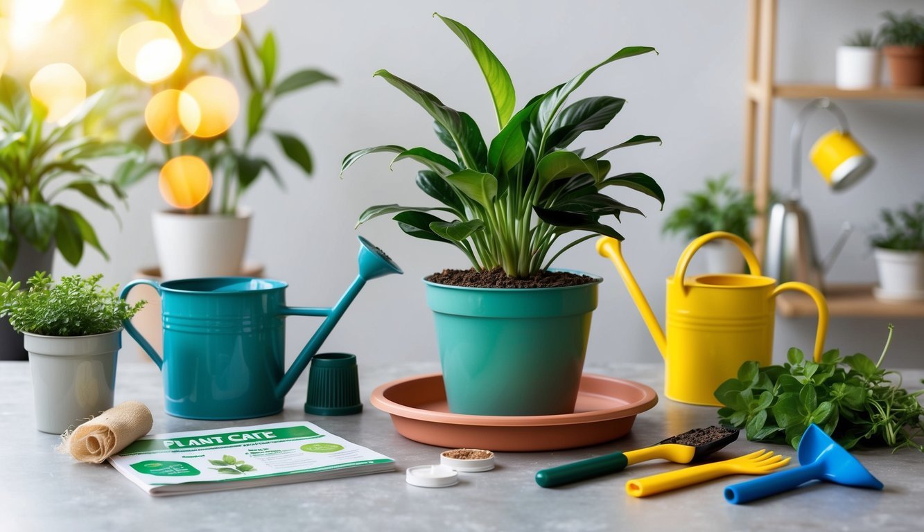 A plant sitting in a hydrophobic pot saucer, surrounded by various tools and supplies for plant care, such as watering cans, fertilizer, and a plant care guide