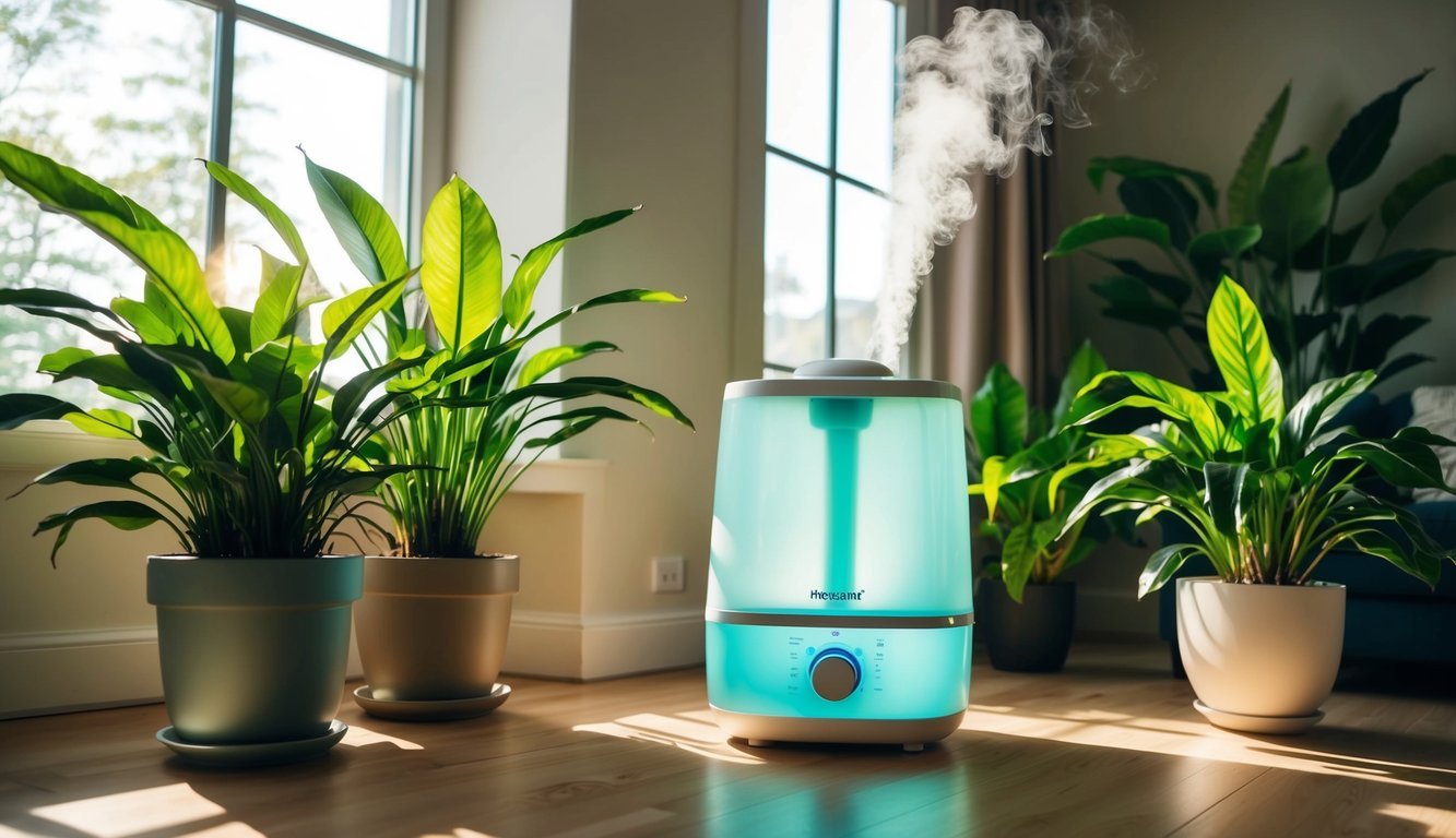 A cozy living room with lush, thriving plants surrounding a modern household humidifier.</p><p>Sunlight streams in through the window, creating a warm and inviting atmosphere