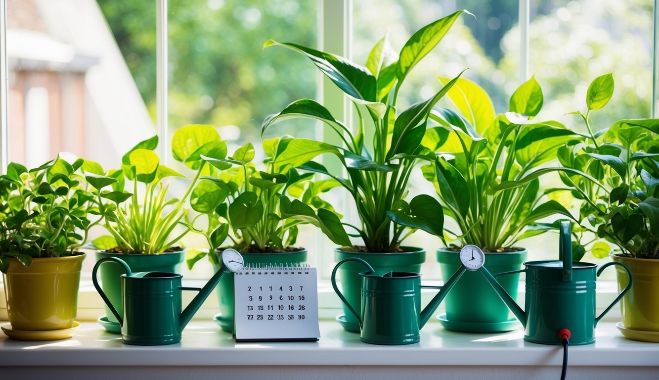 Lush green houseplants sit on a sunny windowsill, surrounded by small watering cans and a timer-controlled irrigation system.</p><p>A calendar marks the upcoming absence