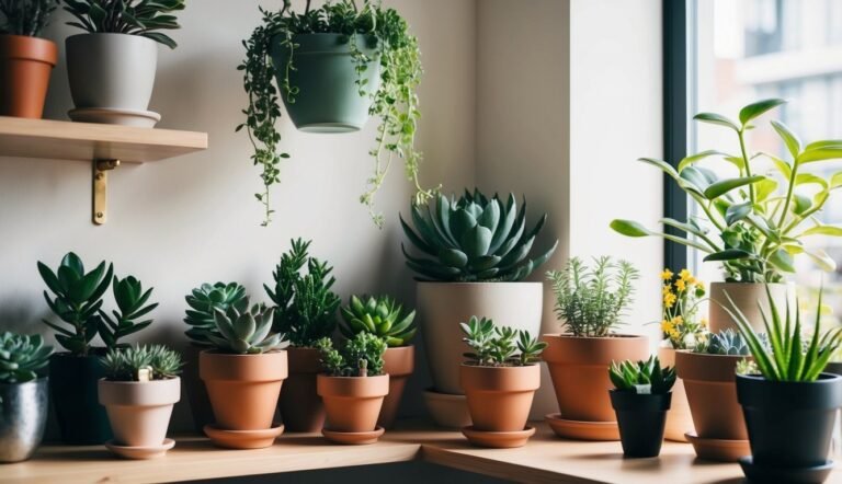 Various potted plants on a shelf and windowsill, near a window