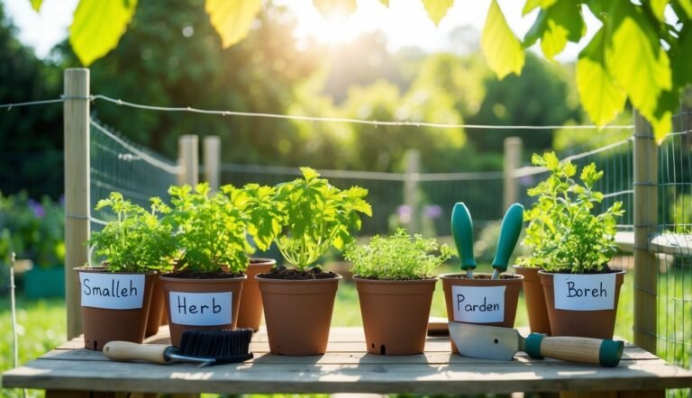 Potted herbs with labels and gardening tools on a wooden table outdoors