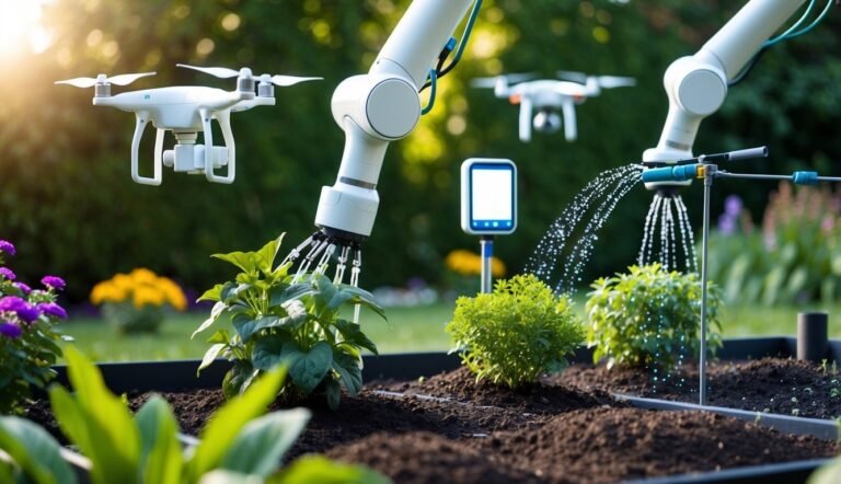 Robotic arms and drones watering plants in a garden