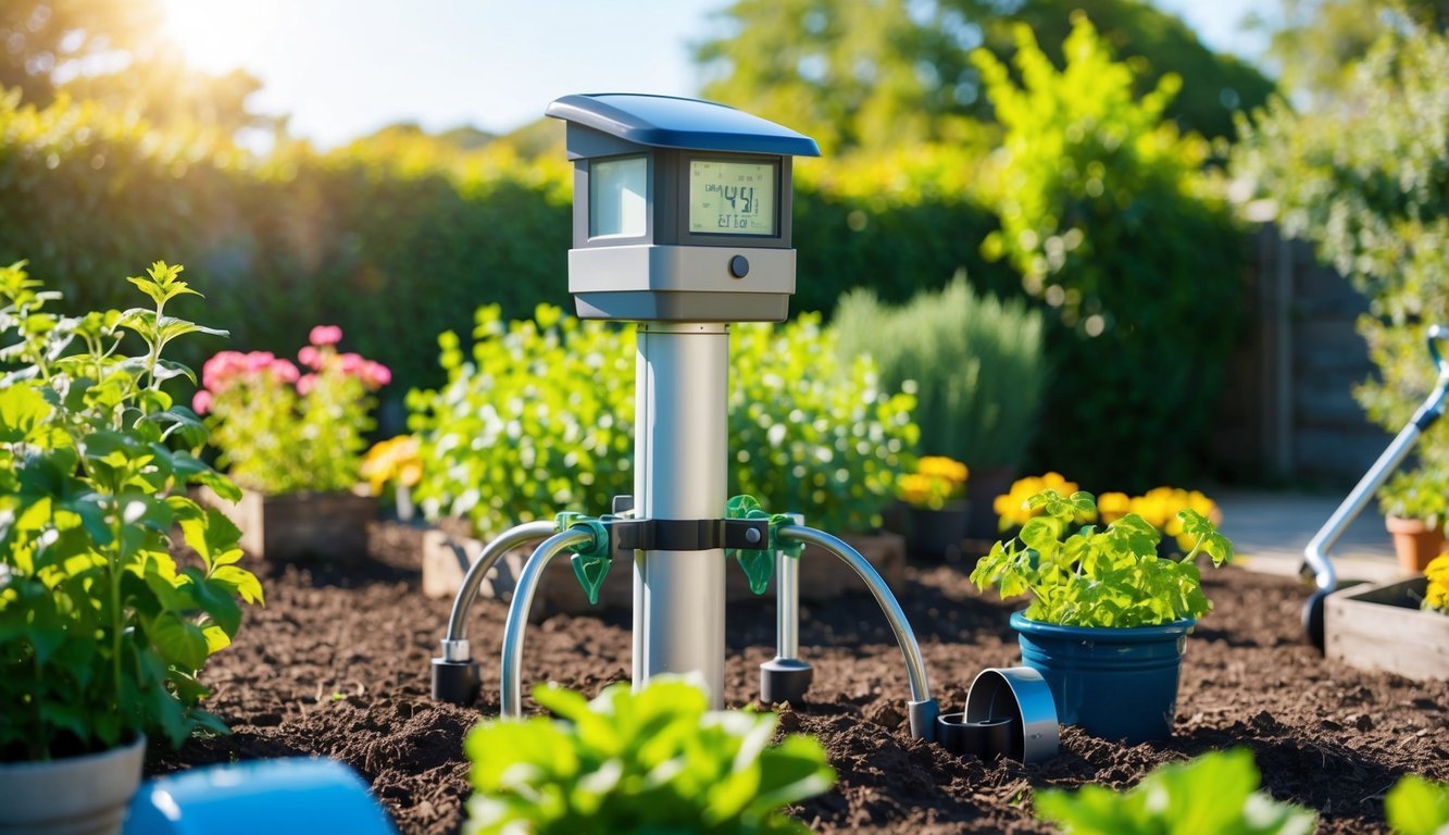 A weather station is being installed in a garden, surrounded by automated gardening tools.</p><p>The sun is shining, and the plants are thriving in the well-maintained space