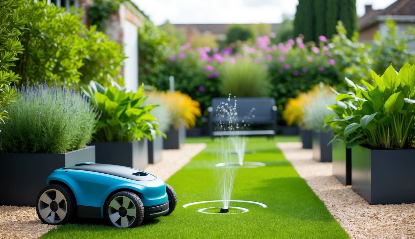 A lush garden with automated watering system, robotic lawnmower, and smart planters, all controlled by a central hub, fitting a busy lifestyle