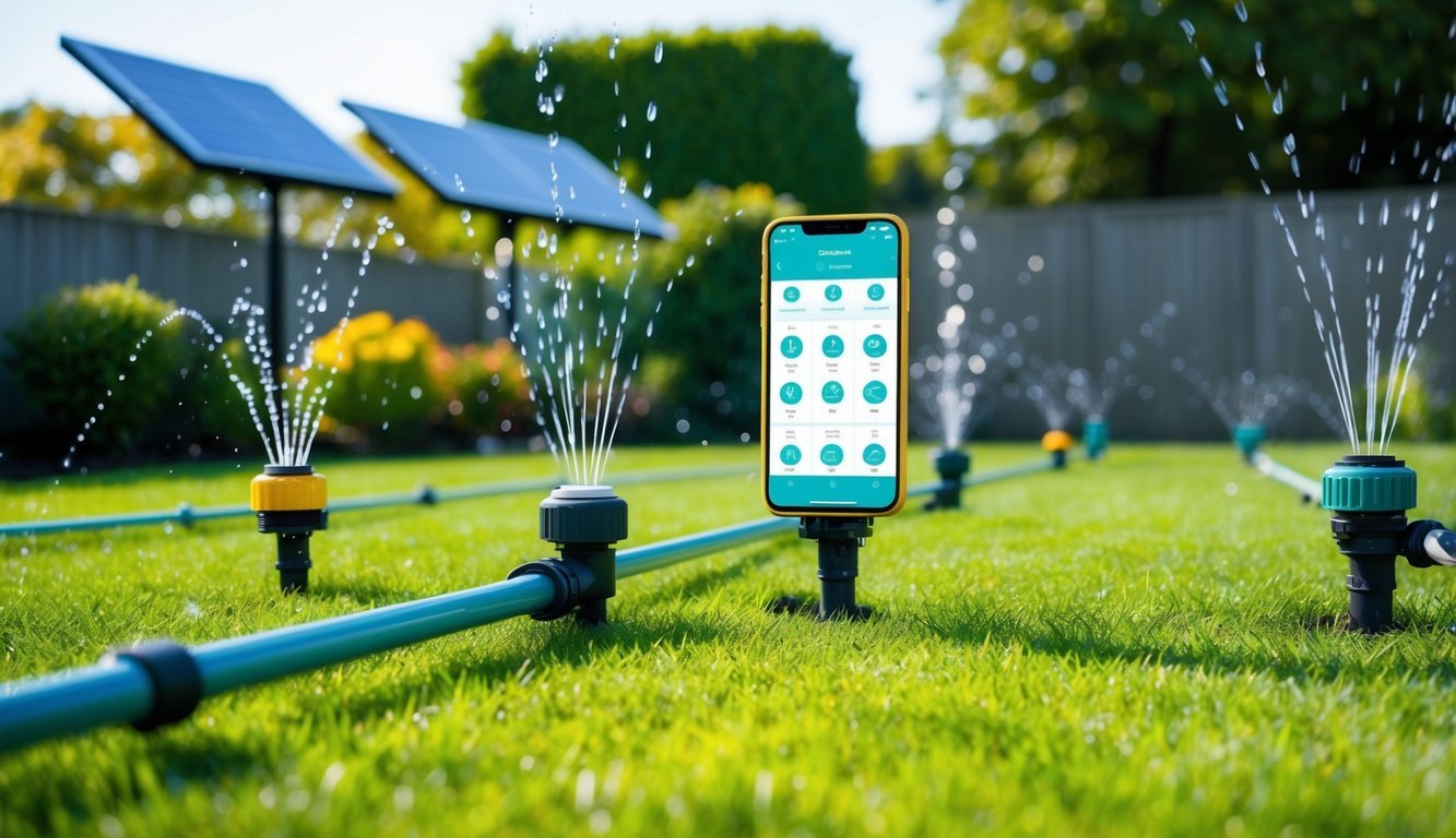 A garden with automated sprinklers, soil sensors, and weather-based controls.</p><p>Solar panels power the system.</p><p>A smartphone app monitors and adjusts watering schedules
