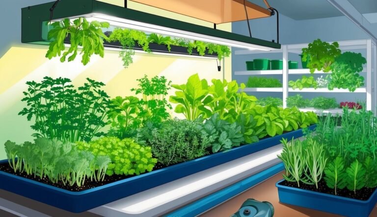 Indoor hydroponic garden with various herbs and plants under grow lights