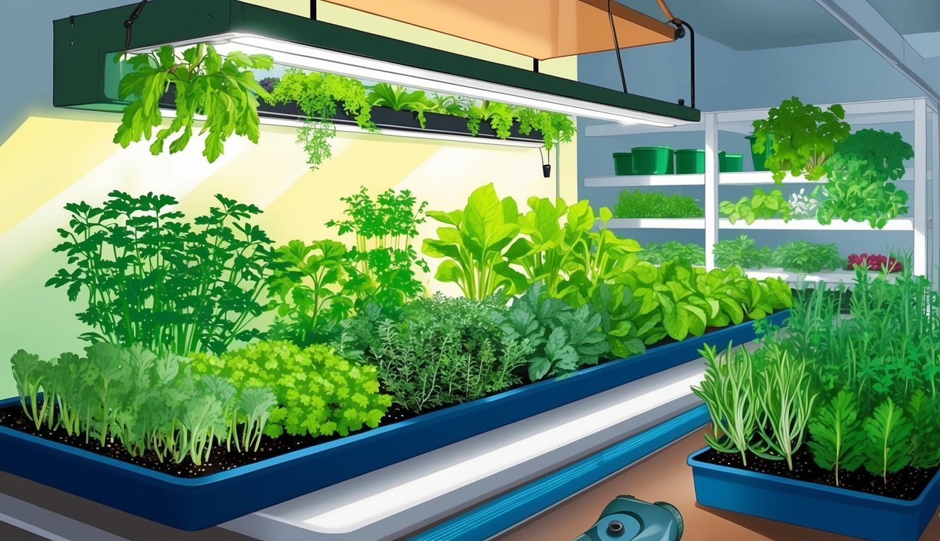 Indoor hydroponic garden with various herbs and plants under grow lights
