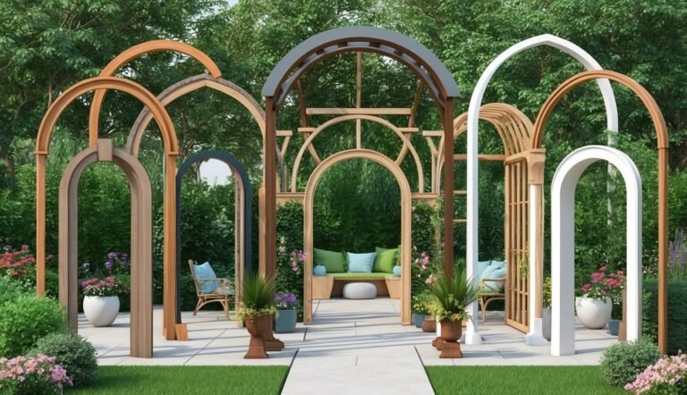 Garden with multiple wooden archways, seating, and lush greenery