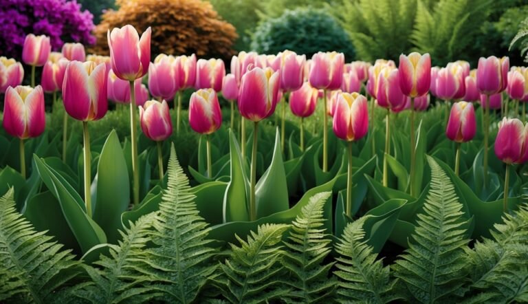 Pink and yellow tulips in a garden with ferns and other greenery