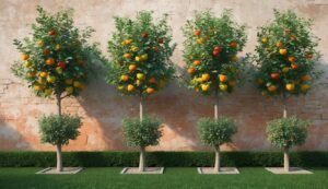 Four fruit trees with oranges and a brick wall background