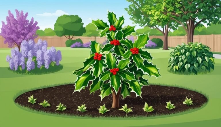 Holly tree with red berries in a garden with other plants