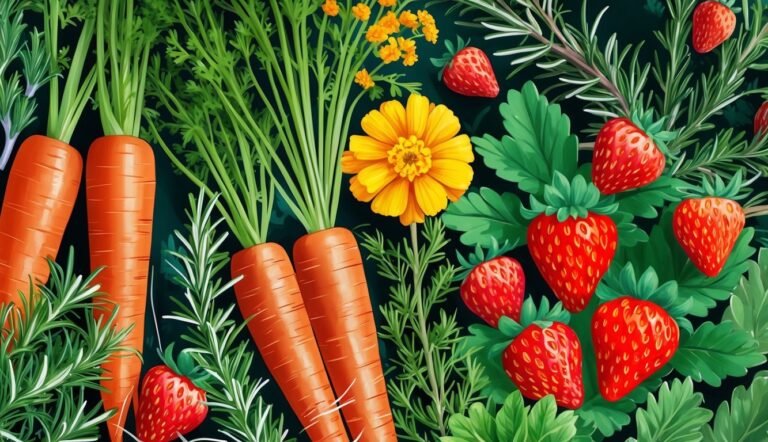 Carrots, strawberries, and a yellow flower arranged on a dark background