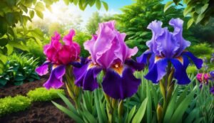 Three colorful iris flowers in a garden with green foliage and sunlight