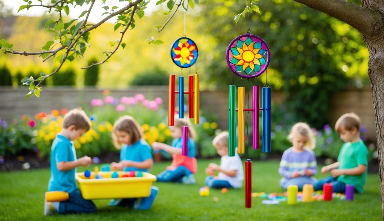 Colorful sun catcher wind chimes hanging from a tree in a blooming garden.</p><p>Nearby, children are crafting and playing with various garden materials