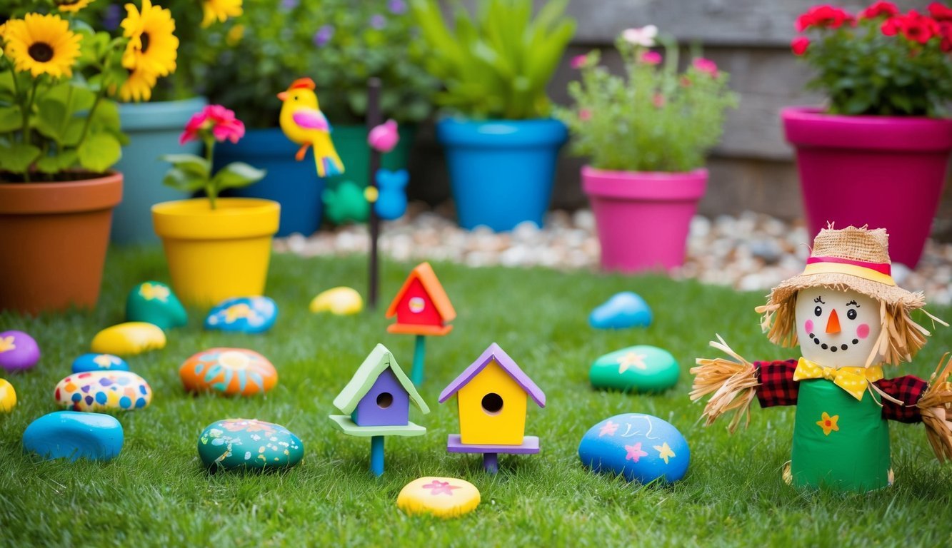 A colorful garden with children's crafts scattered around: painted rocks, homemade bird feeders, decorated plant pots, and a DIY scarecrow