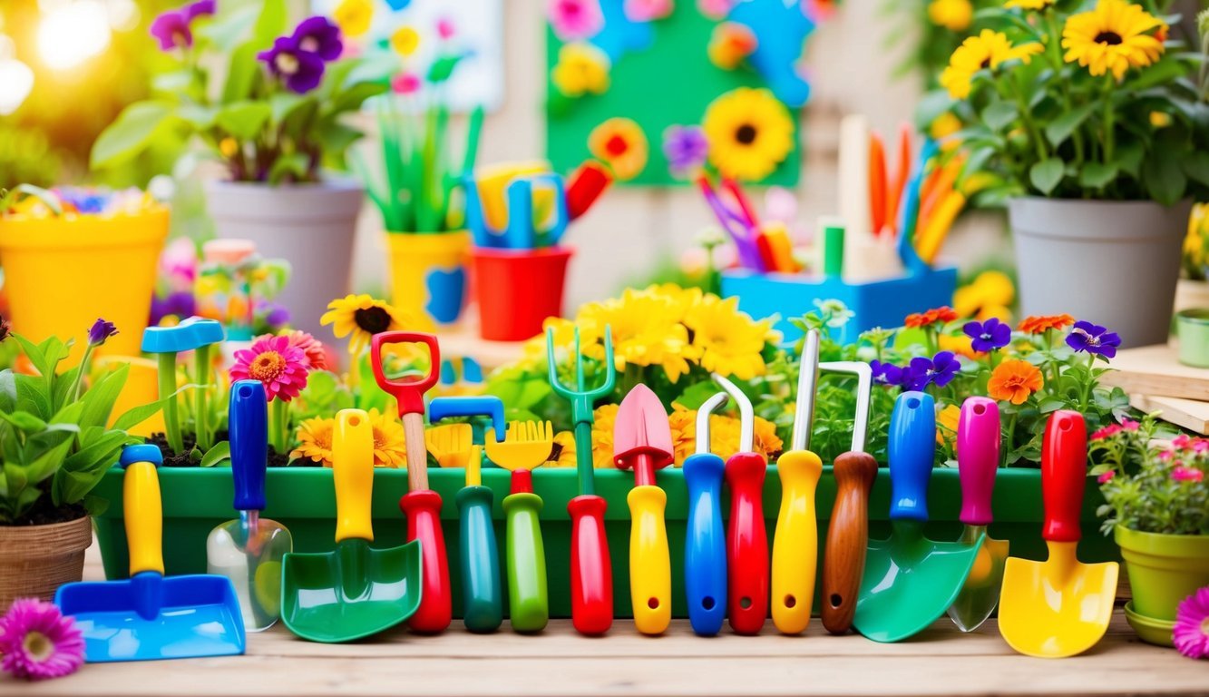 A colorful array of child-sized gardening tools surrounded by vibrant flowers and plants.</p><p>In the background, a table holds materials for garden crafts