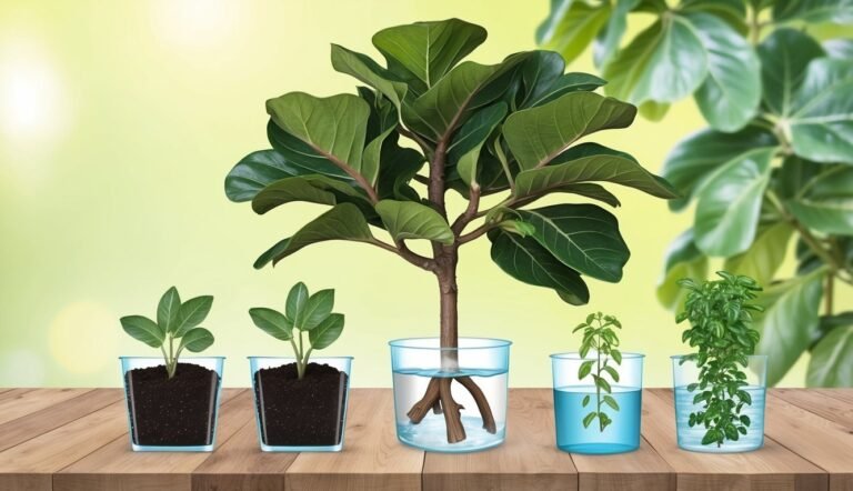 Stages of plant growth in glass containers on a wooden surface