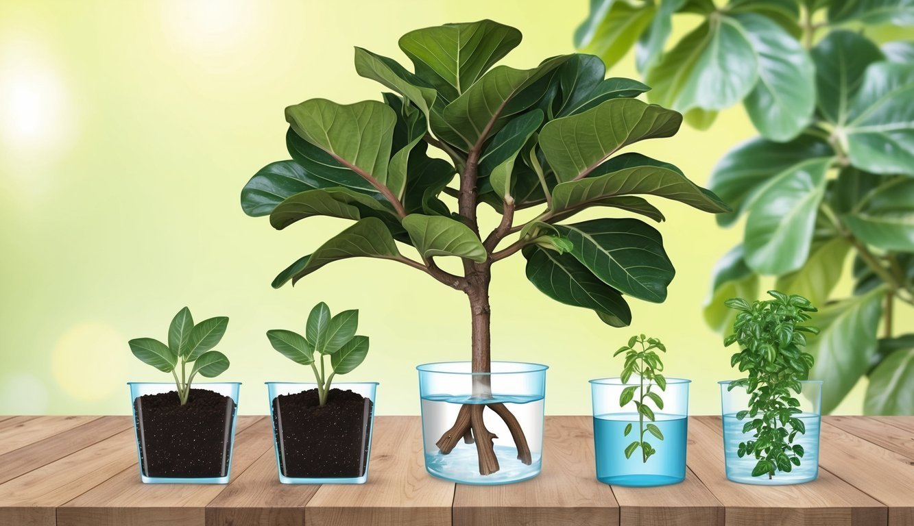 Stages of plant growth in glass containers on a wooden surface