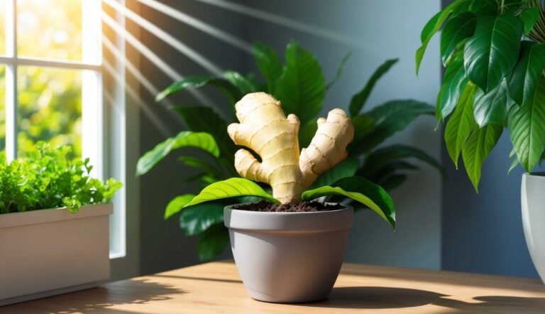 Ginger plant in a pot on a table, with sunlight streaming through a window