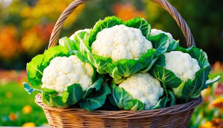 Basket overflowing with fresh cauliflower heads and green leaves