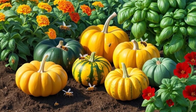 Pumpkins, bees, and flowers in a garden setting. Yellow, green, and orange colors