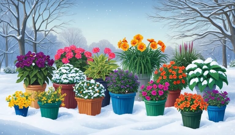 Colorful potted flowers in a snowy winter landscape, with bare trees in background