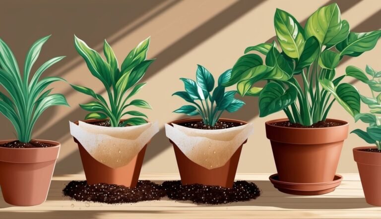 Five potted plants with lush green leaves on a wooden surface