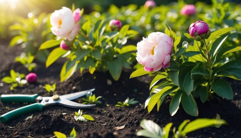 Pink peonies in garden with pruning shears on the ground