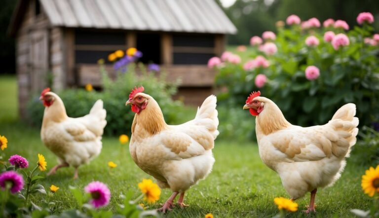 Three chickens in a grassy yard with flowers and a chicken coop