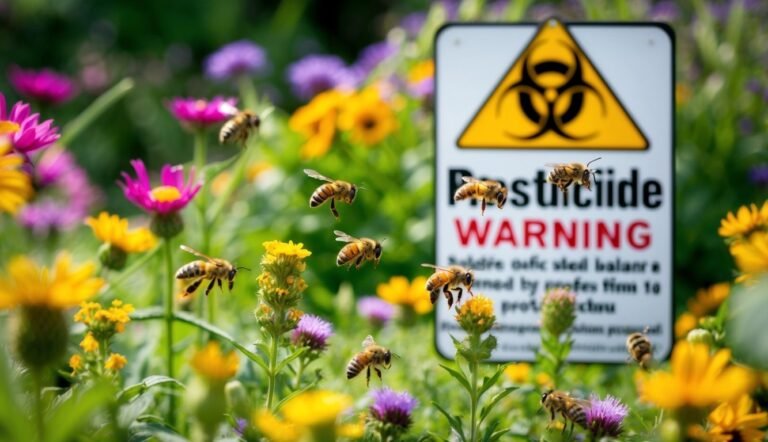Bees flying near a pesticide warning sign in a colorful flower garden