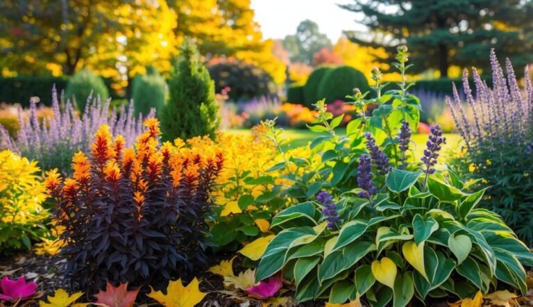 Colorful garden bed with various flowers and foliage in autumn